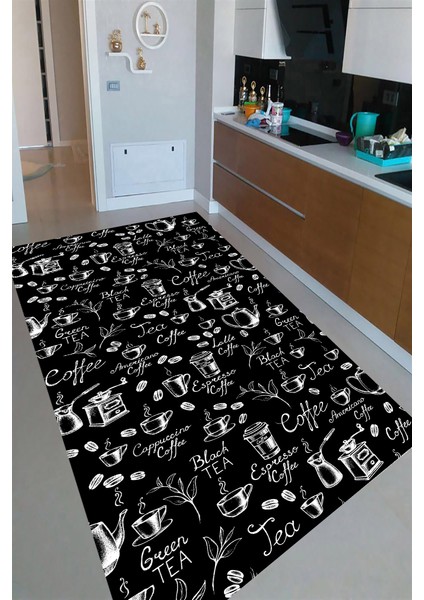Kaymaz Dot Taban Yıkanabilir Dijital Baskı Siyah Zemin Kahve Desenli Mutfak Halısı 80 x 250