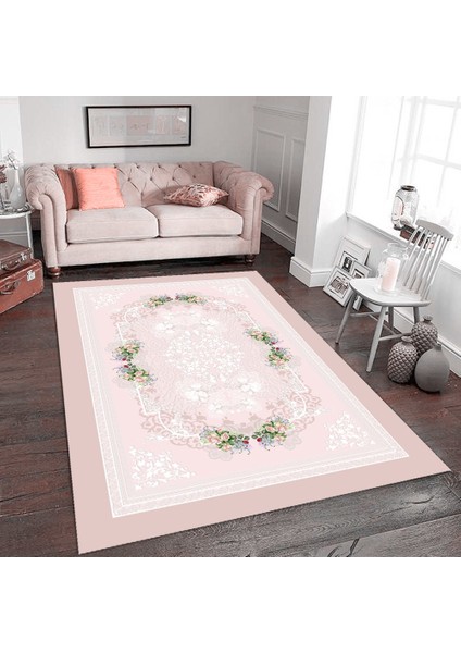 Kaymaz Dot Taban Yıkanabilir Dijital Baskı Asma Çiçek Desenli Salon Halısı 80 x 100
