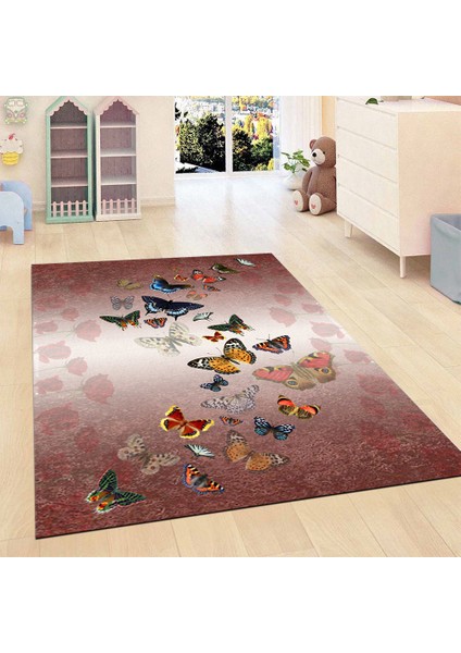 Kaymaz Dot Taban Yıkanabilir Dijital Baskı Kelebek Desenli Çocuk Halısı 80 x 100
