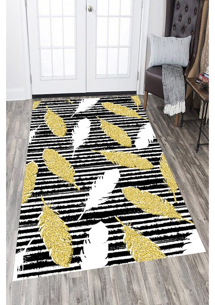 Kaymaz Dot Taban Yıkanabilir Dijital Baskı Gold Beyaz Tüy Desenli Salon Halısı 80 x 100