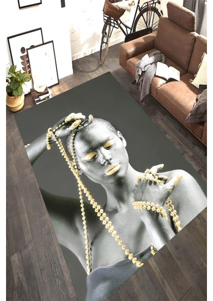 Kaymaz Dot Taban Yıkanabilir Dijital Baskı Boncuklu Afrika Desenli Salon Halısı 80 x 100