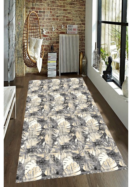 Kaymaz Dot Taban Yıkanabilir Dijital Baskı Mat Yaprak Desenli Salon Halısı 80 x 100