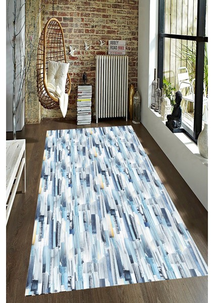Kaymaz Dot Taban Yıkanabilir Dijital Baskı Mavi Tonları Tahta Desenli Salon Halısı 80 x 100
