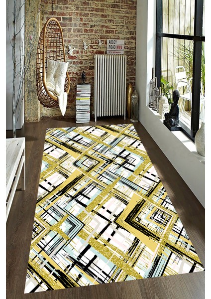 Kaymaz Dot Taban Yıkanabilir Dijital Baskı Sarı Mavi Çizgi Desenli Salon Halısı 80 x 120