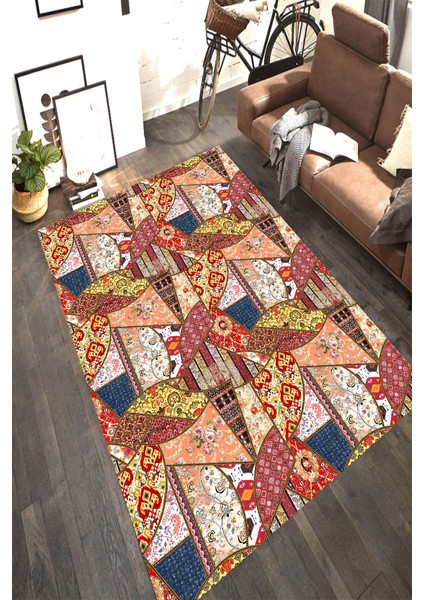 Kaymaz Dot Taban Yıkanabilir Dijital Baskı Geometrik Eskitme Tasarımlı Salon Halısı 80 x 100