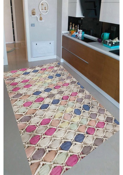 Kaymaz Dot Taban Yıkanabilir Dijital Baskı Renkli Hasır Desenli Mutfak Halısı 80 x 200