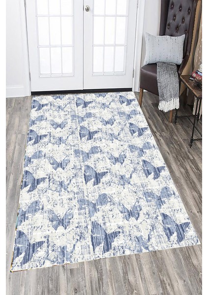 Kaymaz Dot Taban Yıkanabilir Dijital Baskı Eskitme Desenli Mavi Kelebekler Salon Halısı 180 x 280