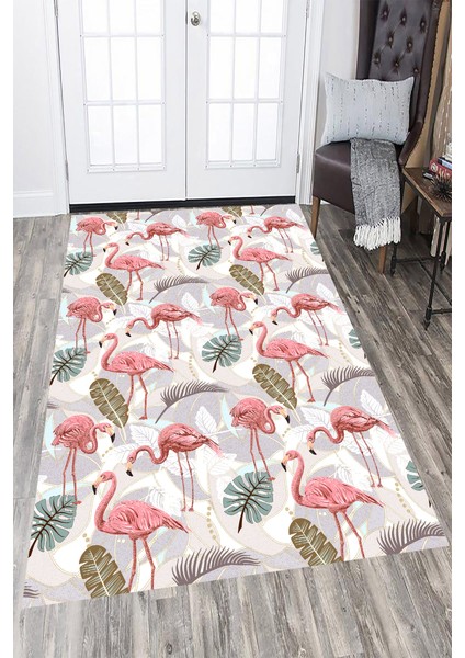 Kaymaz Dot Taban Yıkanabilir Dijital Baskı Yapraklar ve Flamingolar Salon Halısı 100 x 600