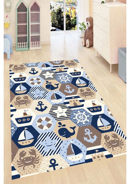 Kaymaz Dot Taban Yıkanabilir Dijital Baskı Denizci Temalı Çocuk Halısı 80 x 100