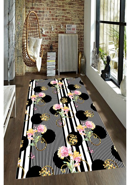 Kaymaz Dot Taban Yıkanabilir Dijital Baskı Çizgi Puantiye Zemin Çiçek Desenli Salon Halısı 80 x 250
