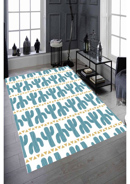 Kaymaz Dot Taban Yıkanabilir Dijital Baskı Beyaz Zemin Mavi Kaktüsler Salon Halısı 180 x 280