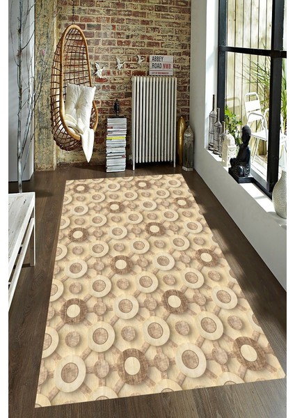 Kaymaz Dot Taban Yıkanabilir Dijital Baskı Ahşap Dama Desenli Salon Halısı 80 x 100