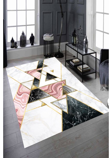 Kaymaz Dot Taban Yıkanabilir Dijital Baskı Renkli Mermer Desenli Salon Halısı 80 x 100