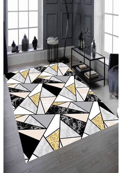 Kaymaz Dot Taban Yıkanabilir Dijital Baskı Siyah Gri Mermer Detaylı Desenler Salon Halısı 80 x 100