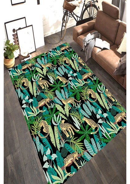 Kaymaz Dot Taban Yıkanabilir Dijital Baskı Egzotik Leopar Desenli Salon Halısı 80 x 200