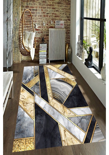 Kaymaz Dot Taban Yıkanabilir Dijital Baskı Altın Detaylı Gri Mermer Desenli Salon Halısı 80 x 600
