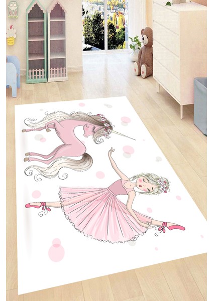 Kaymaz Dot Taban Yıkanabilir Dijital Baskı Balerin ve Tek Boynuzlu At Desenli Çocuk Halısı 180 x 280