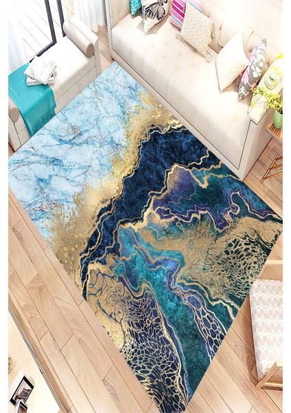 Kaymaz Dot Taban Yıkanabilir Dijital Baskı Mavi Gold Mermer Desenli Salon Halısı 200 x 250