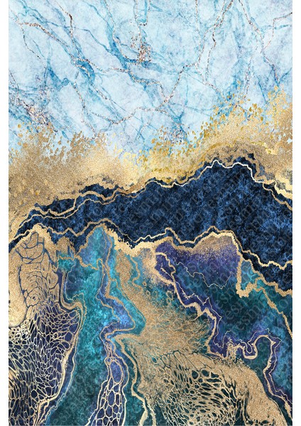 Kaymaz Dot Taban Yıkanabilir Dijital Baskı Mavi Gold Mermer Desenli Salon Halısı 200 x 250