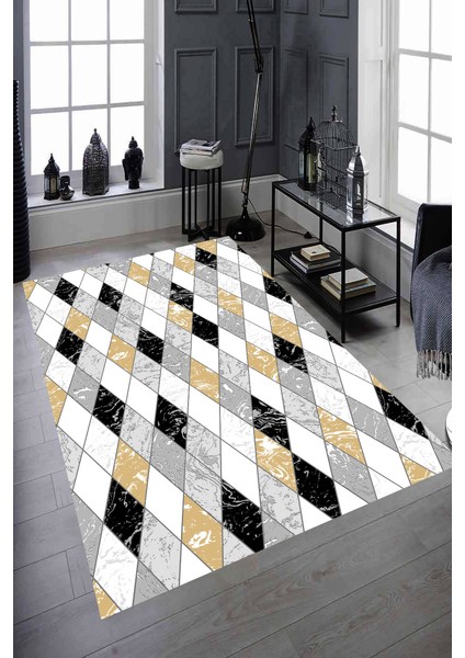 Kaymaz Dot Taban Yıkanabilir Dijital Baskı Baklava Mermer Desenli Salon Halısı 200 x 250