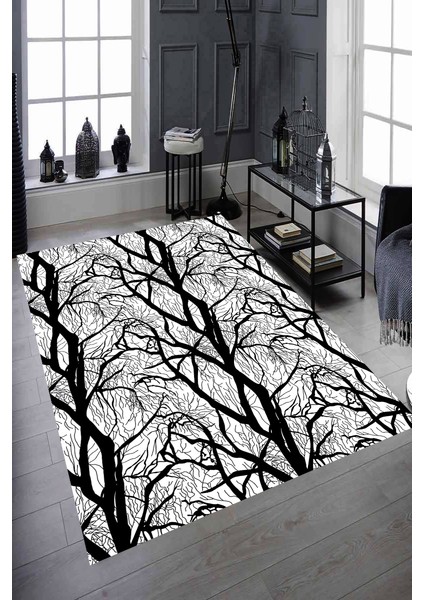 Kaymaz Dot Taban Yıkanabilir Dijital Baskı Siyah Beyaz Ağaç Dalları Desenli Salon Halısı 100 x 600