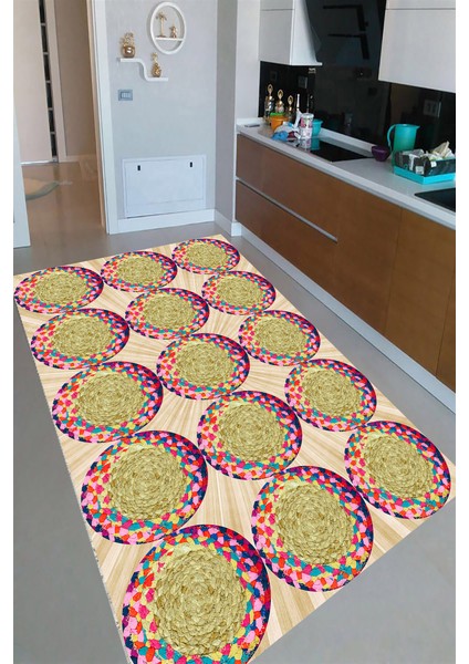 Kaymaz Dot Taban Yıkanabilir Antibakteriyel Dijital Baskı Hasır Örgü Desenli Mutfak Halısı 80 x 250