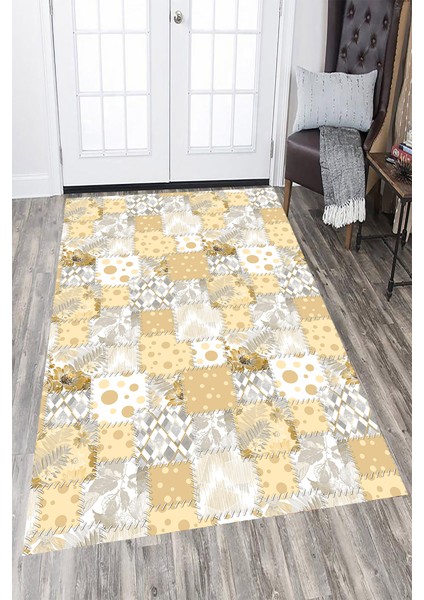 Kaymaz Dot Taban Yıkanabilir Dijital Baskı Kırık Yama Desenli Salon Halısı 80 x 200