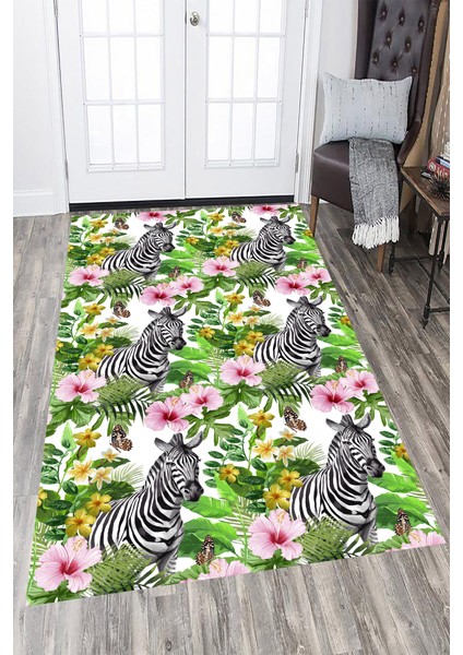 Kaymaz Dot Taban Yıkanabilir Dijital Baskı Zebra Çiçek ve Kelebek Desenli Salon Halısı 80 x 350