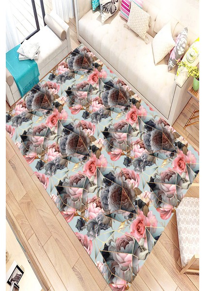 Kaymaz Dot Taban Yıkanabilir Dijital Baskı Mavi Zemin Prizma Çiçek Tasarımlı Salon Halısı 80 x 100