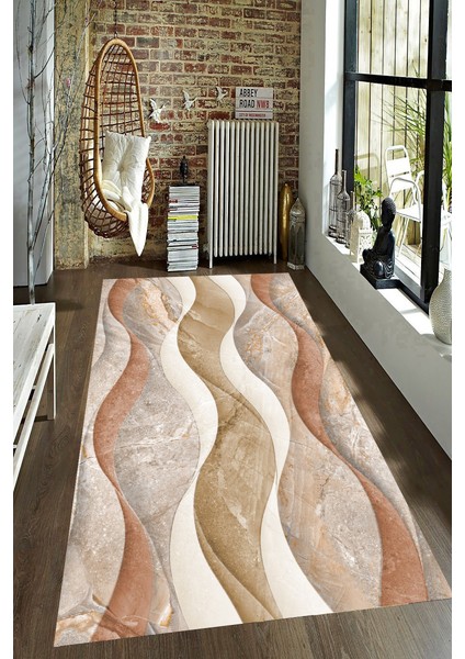 Kaymaz Dot Taban Yıkanabilir Dijital Baskı Toprak Tonlu Mermer Desenli Salon Halısı 80 x 200