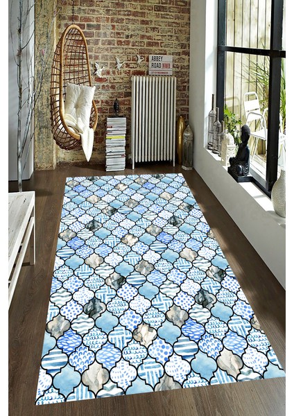 Kaymaz Dot Taban Yıkanabilir Dijital Baskı Mavi Tonlu Modern Vektörel Desenli Salon Halısı 80 x 100