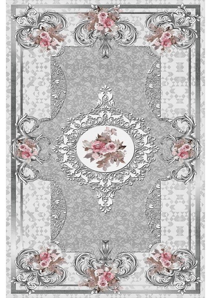 Kaymaz Dot Taban Yıkanabilir Dijital Baskı Çiçek Motifi Desenli Salon Halısı 80 x 250