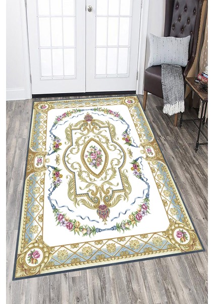 Kaymaz Dot Taban Yıkanabilir Dijital Baskı Altın Varaklı Çiçek Motifli Salon Halısı 80 x 100