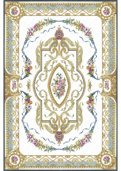 Kaymaz Dot Taban Yıkanabilir Dijital Baskı Altın Varaklı Çiçek Motifli Salon Halısı 80 x 100