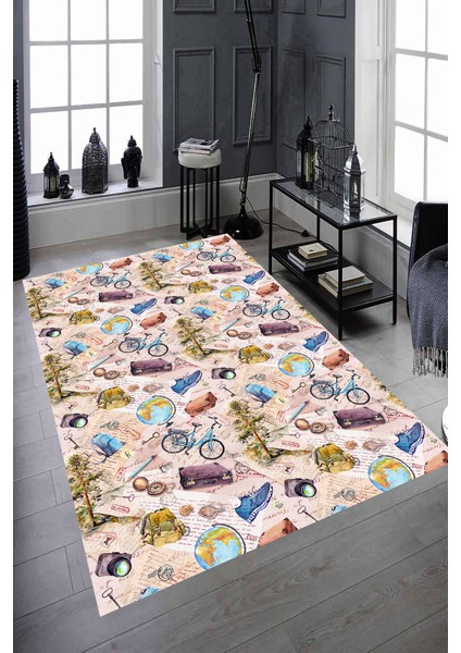 Kaymaz Dot Taban Yıkanabilir Dijital Baskı Seyahat Çizim Tasarımlı Salon Halısı 180 x 280