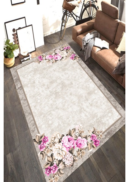 Kaymaz Dot Taban Yıkanabilir Dijital Baskı Çiçekli Çerçeve Tasarımlı Salon Halısı 200 x 250