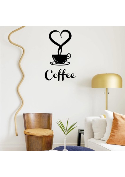 - El Yazısı ile Yazılmış Kalp Şekli Fincan ve Coffe Yazısı Sticker 60X58CM - Siyah
