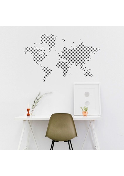 - Nokta Nokta Dünya Haritası Duvar Oda Salon Iş Yeri Için Sticker 60X38CM - Siyah