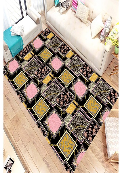 Kaymaz Dot Taban Yıkanabilir Dijital Baskı Zincir Detay Tasarım Şekiller Salon Halısı 100 x 600