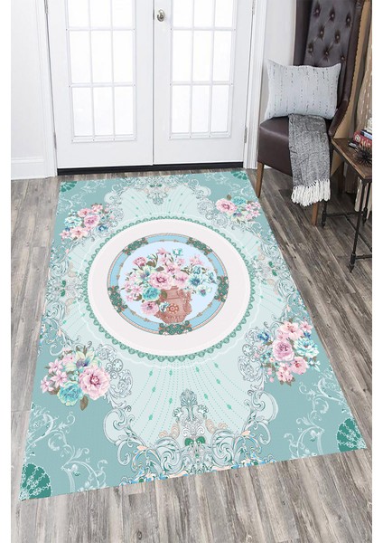 Kaymaz Dot Taban Yıkanabilir Dijital Baskı Çember Detay Çiçek Motif Salon Halısı 200 x 250