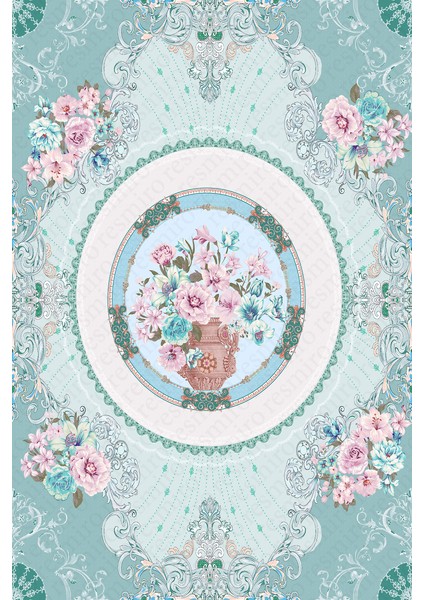 Kaymaz Dot Taban Yıkanabilir Dijital Baskı Çember Detay Çiçek Motif Salon Halısı 200 x 250