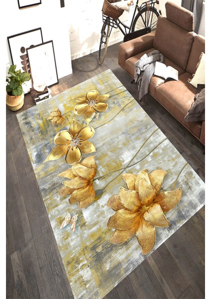 Kaymaz Dot Taban Yıkanabilir Dijital Baskı Altın Tozu Çiçekler Salon Halısı 80 x 100