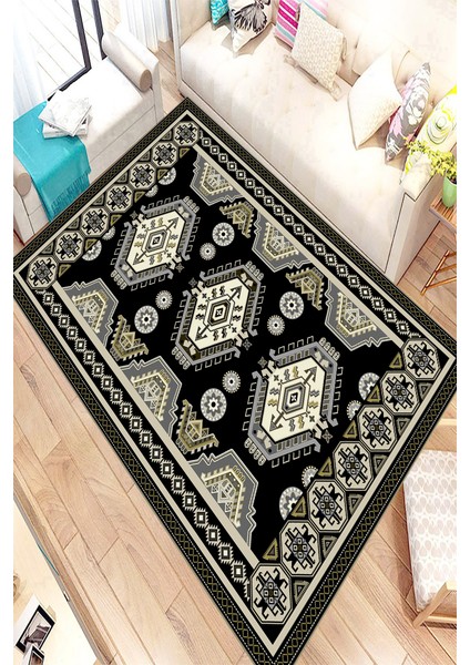 Kaymaz Dot Taban Yıkanabilir Dijital Baskı Etnik Vektörel Tasarımlı Salon Halısı 80 x 100
