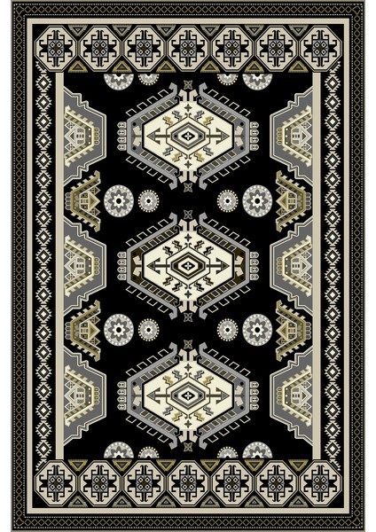 Kaymaz Dot Taban Yıkanabilir Dijital Baskı Etnik Vektörel Tasarımlı Salon Halısı 80 x 100