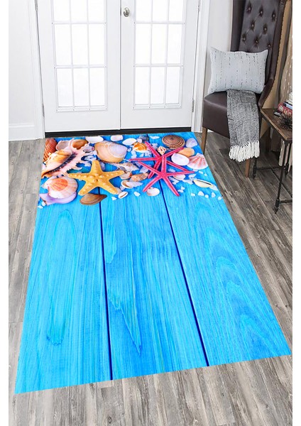 Kaymaz Dot Taban Yıkanabilir Dijital Baskı Mavi Zemin Deniz Kabukları Desenli Salon Halısı 80 x 200
