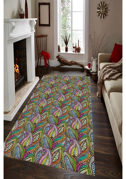 Kaymaz Dot Taban Yıkanabilir Dijital Baskı Otantik Renkli Yaprak Desenli Salon Halısı 200 x 250