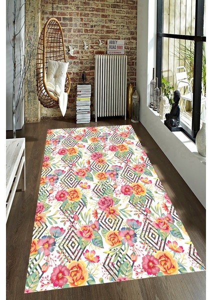Kaymaz Dot Taban Yıkanabilir Dijital Baskı Vektörel Çiçek Deseni Tasarımlı Salon Halısı 80 x 100