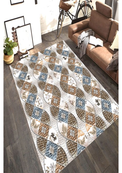 Kaymaz Dot Taban Yıkanabilir Dijital Baskı Sarmal Çiçek Çizimli Örgü Desen Salon Halısı 80 x 250