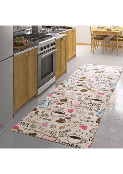 Kaymaz Dot Taban Yıkanabilir Dijital Baskı Fincan Desenli Mutfak Halısı 50 X 360