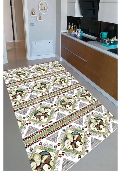 Kaymaz Dot Taban Yıkanabilir Dijital Baskı Metraj Fil Desenli Mutfak Halısı 80 x 100